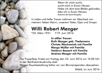 Traueranzeige von Willi Robert Mezger 