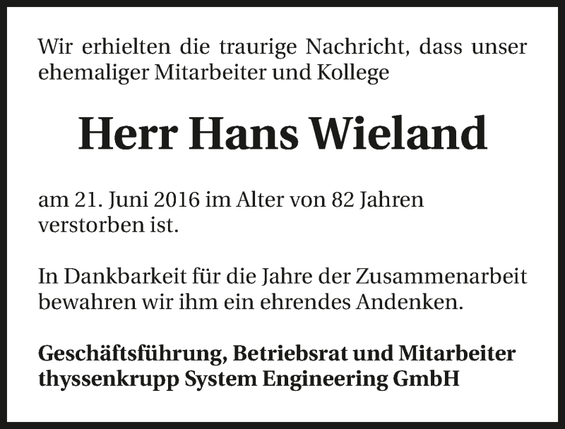  Traueranzeige für Hans Wieland vom 28.06.2016 aus 