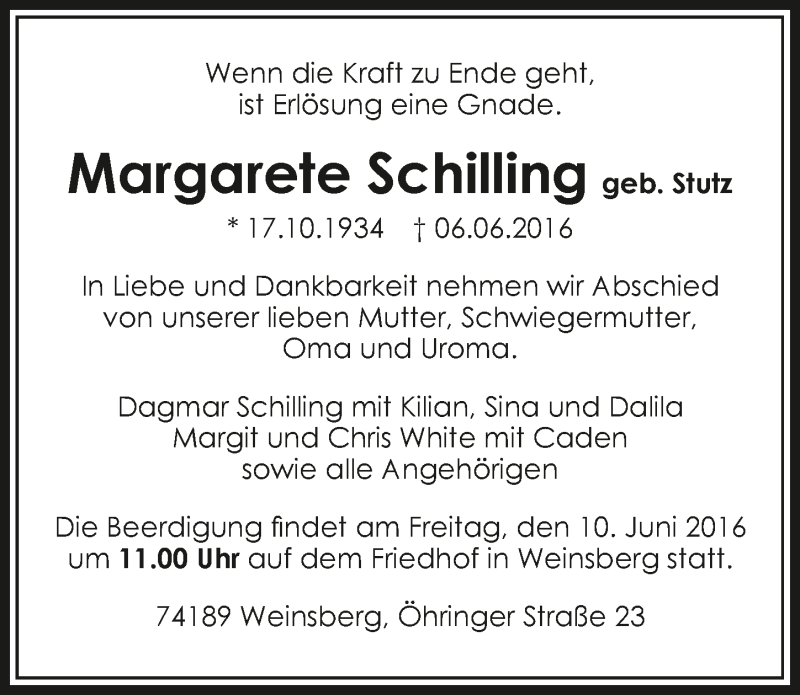  Traueranzeige für Margarete Schilling vom 08.06.2016 aus 