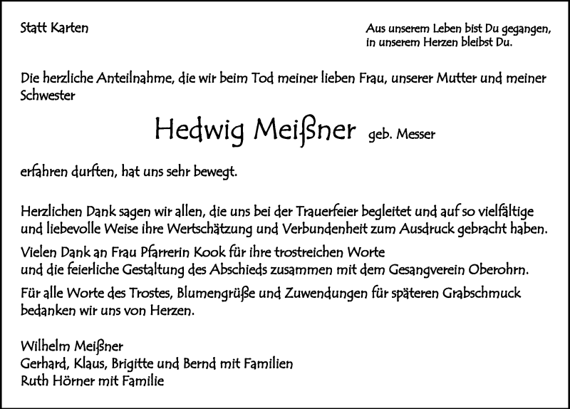  Traueranzeige für Hedwig Meißner vom 11.06.2016 aus 