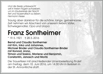 Traueranzeige von Franz Sontheimer 