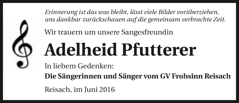  Traueranzeige für Adelheid Pfutterer vom 28.06.2016 aus 