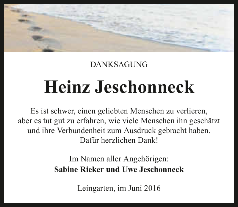 Traueranzeige für Heinz Jeschonneck vom 18.06.2016 aus 