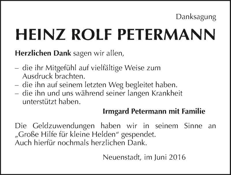 Traueranzeige für Heinz Rolf Petermann vom 18.06.2016 aus 