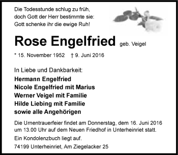 Traueranzeige von Rose Engelfried 