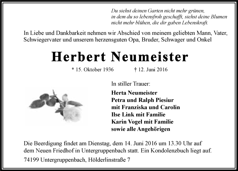  Traueranzeige für Herbert Neumeister vom 13.06.2016 aus 