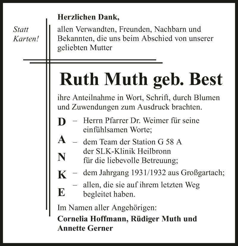  Traueranzeige für Ruth Muth vom 01.07.2016 aus 