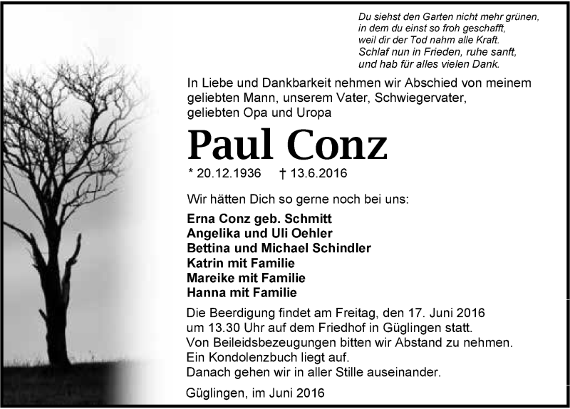  Traueranzeige für Paul Conz vom 15.06.2016 aus 