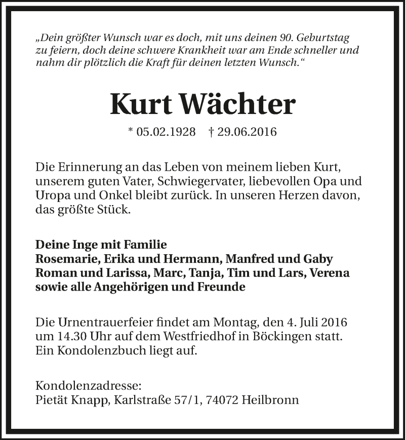  Traueranzeige für Kurt Wächter vom 01.07.2016 aus 