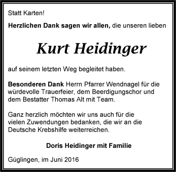 Traueranzeige von Kurt Heidinger 