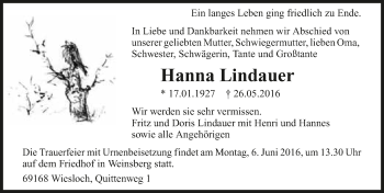 Traueranzeige von Hanna Lindauer 