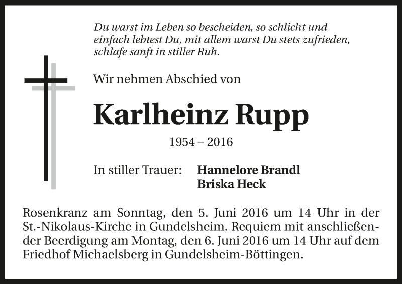  Traueranzeige für Karlheinz Rupp vom 04.06.2016 aus 