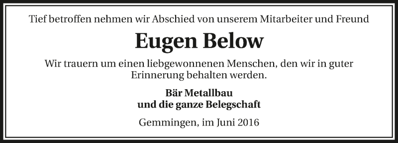  Traueranzeige für Eugen Below vom 20.06.2016 aus 