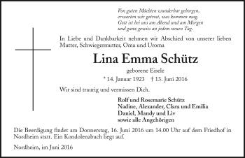 Traueranzeige von Lina Emma Schütz 
