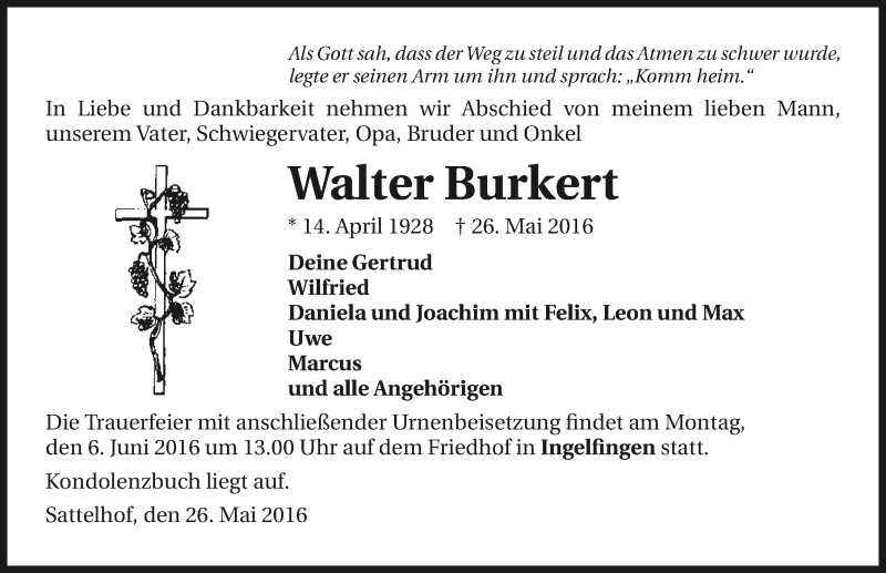  Traueranzeige für Walter Burkert vom 02.06.2016 aus 