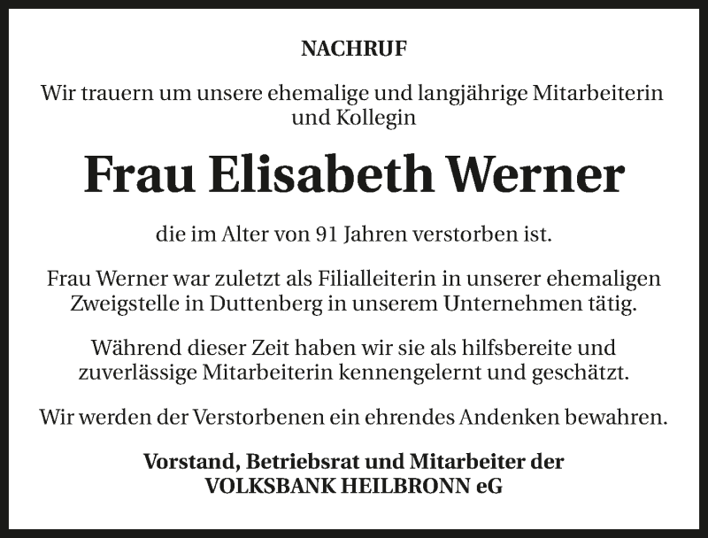  Traueranzeige für Elisabeth Werner vom 08.06.2016 aus 