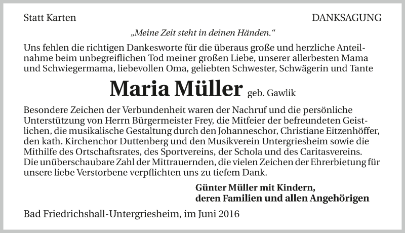  Traueranzeige für Maria Müller vom 11.06.2016 aus 