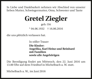 Traueranzeige von Gretel Ziegler 