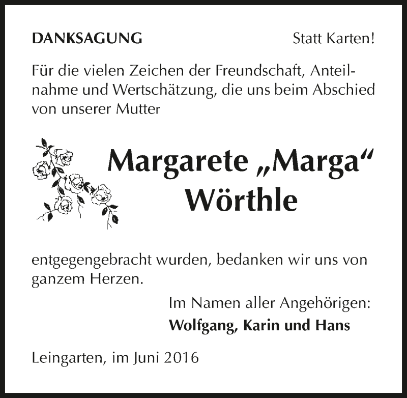  Traueranzeige für Margarete Wörthle vom 25.06.2016 aus 