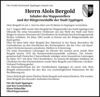 Traueranzeige von Alois Bergold 