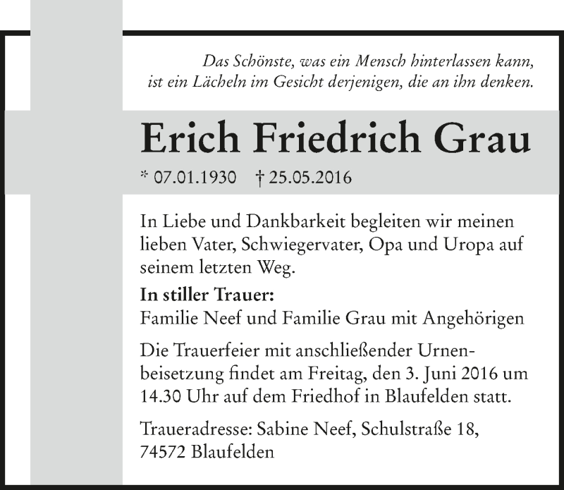  Traueranzeige für Erich Friedrich Grau vom 01.06.2016 aus 