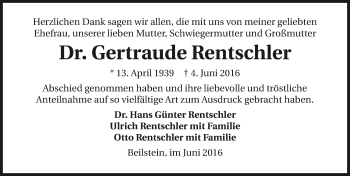 Traueranzeige von Gertraude Rentschler 
