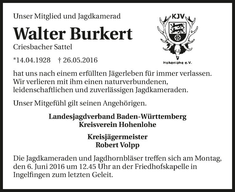  Traueranzeige für Walter Burkert vom 04.06.2016 aus 