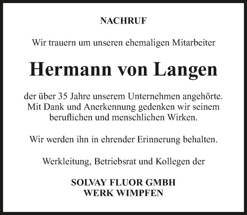  Traueranzeige für Hermann von Langen vom 08.06.2016 aus 