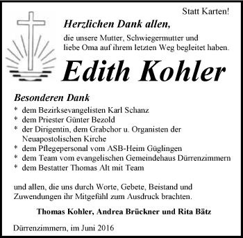 Traueranzeige von Edith Kohler 