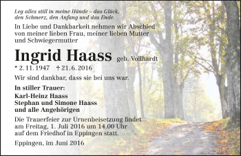 Traueranzeige von Ingrid Haass 