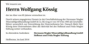 Traueranzeige von Wolfgang Kössig 