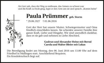 Traueranzeige von Paula Prümmer 