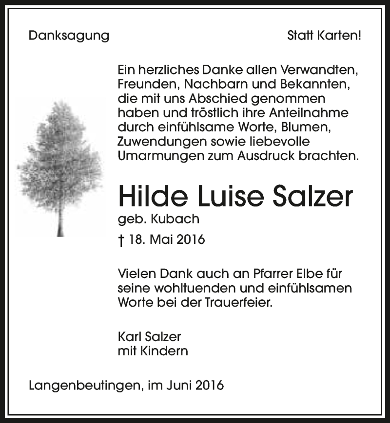  Traueranzeige für Hilde Luise Salzer vom 22.06.2016 aus 