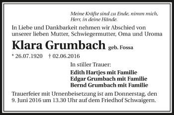 Traueranzeige von Klara Grumbach 