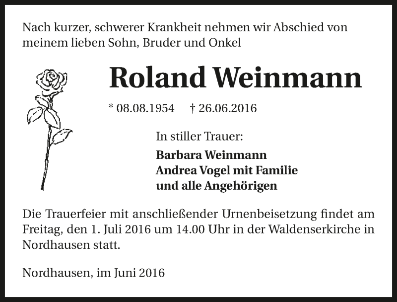  Traueranzeige für Roland Weinmann vom 29.06.2016 aus 