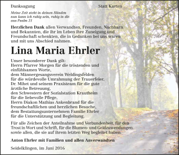 Traueranzeige von Lina Maria Ehrler 