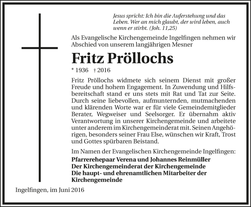  Traueranzeige für Fritz Pröllochs vom 10.06.2016 aus 