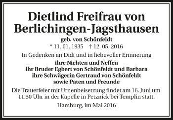 Traueranzeige von Dietlind Freifrau  von Berlichingen-Jagsthausen 