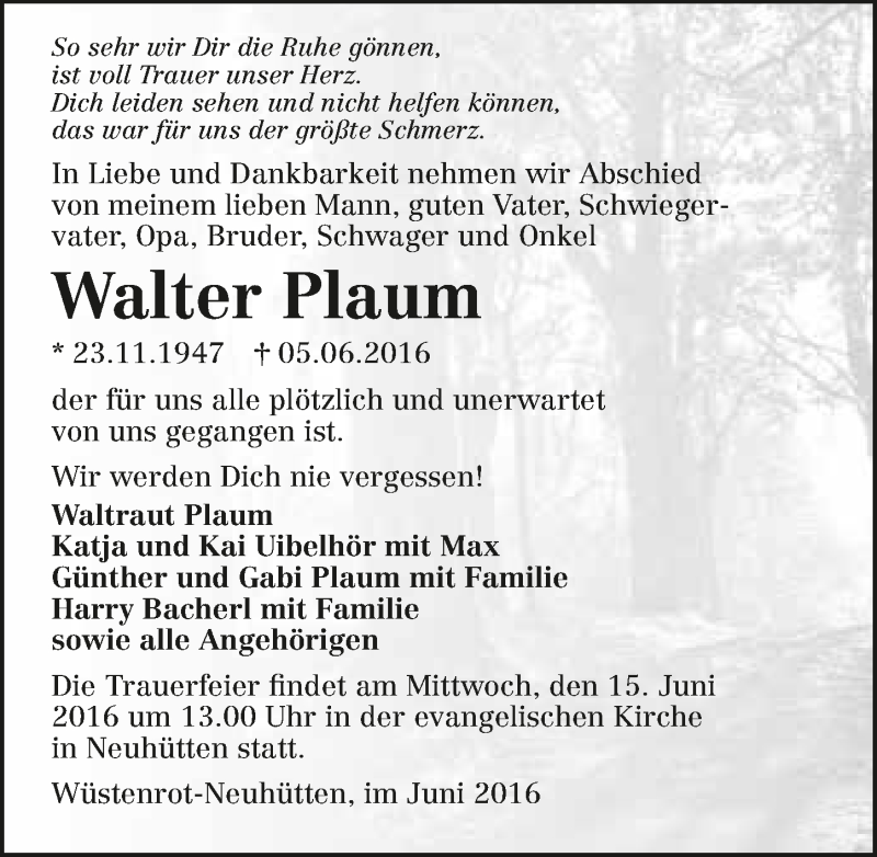  Traueranzeige für Walter Plaum vom 11.06.2016 aus 