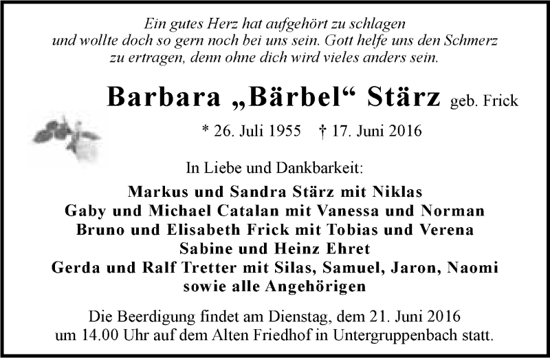  Traueranzeige für Barbara Stärz vom 18.06.2016 aus 