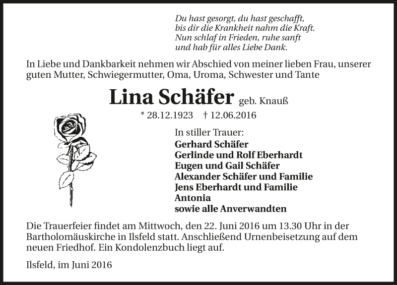  Traueranzeige für Lina Schäfer vom 18.06.2016 aus 