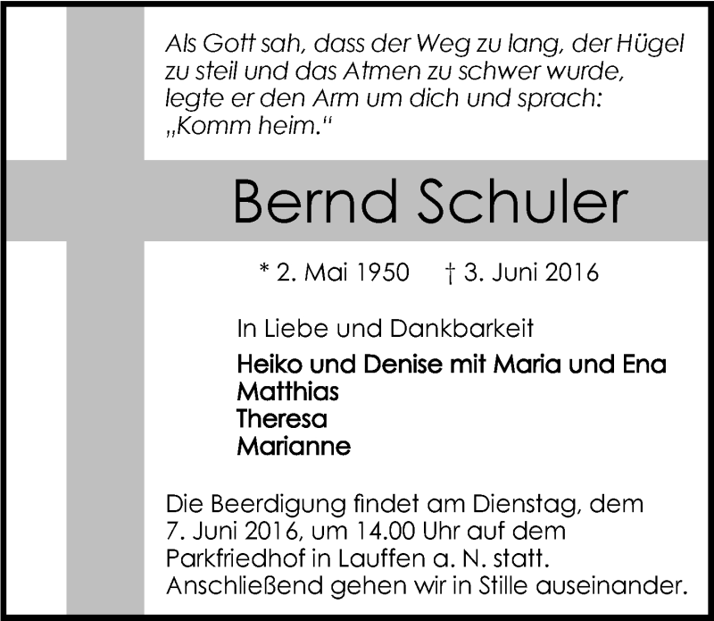  Traueranzeige für Bernd Schuler vom 04.06.2016 aus 