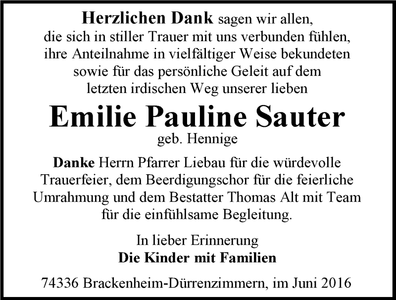  Traueranzeige für Emilie Pauline Sauter vom 04.06.2016 aus 