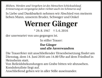 Traueranzeige von Werner Gänger 