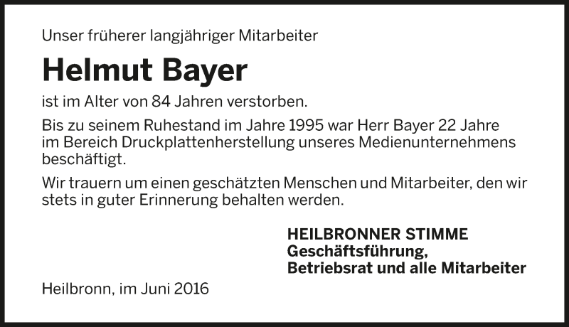  Traueranzeige für Helmut Bayer vom 07.06.2016 aus 