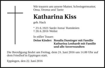 Traueranzeige von Katharina Kiss 