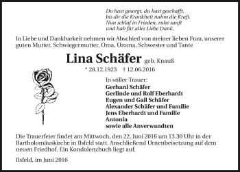Traueranzeige von Lina Schäfer 