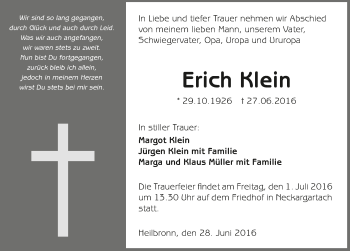 Traueranzeige von Erich Klein 