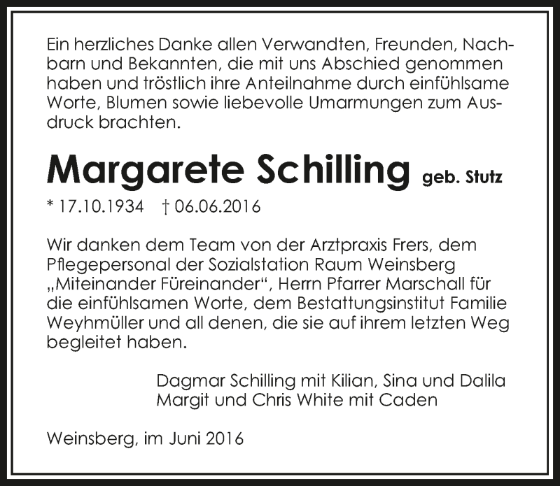  Traueranzeige für Margarete Schilling vom 18.06.2016 aus 
