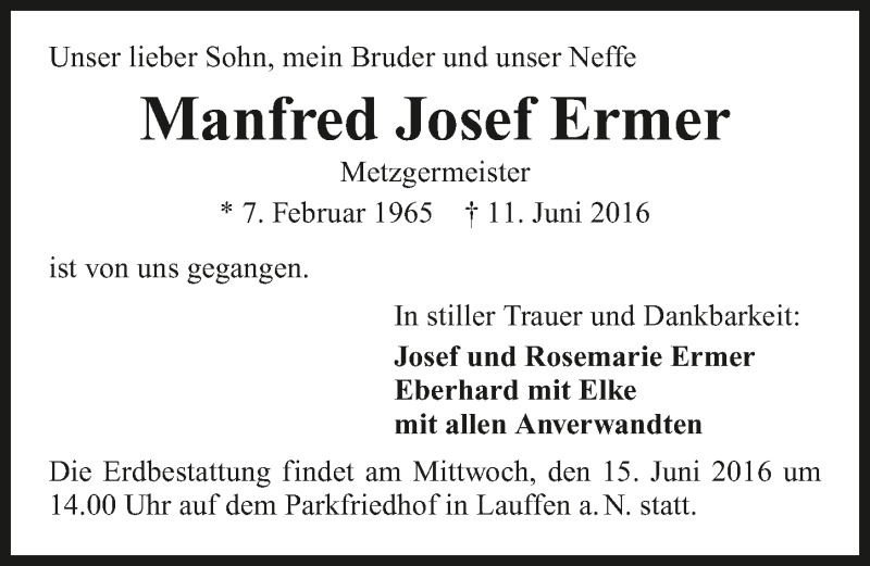  Traueranzeige für Manfred Josef Ermer vom 14.06.2016 aus 